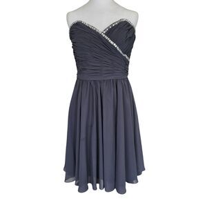 Mori Lee Charcoal Strapless Ruched Sweetheart Dress Rhinestones Formal Y2K Hoco